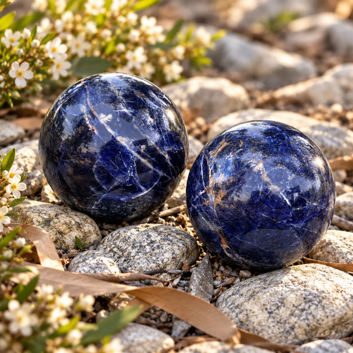 Sodalite crystal sphere approximately 6cm with deep blue and white marbling