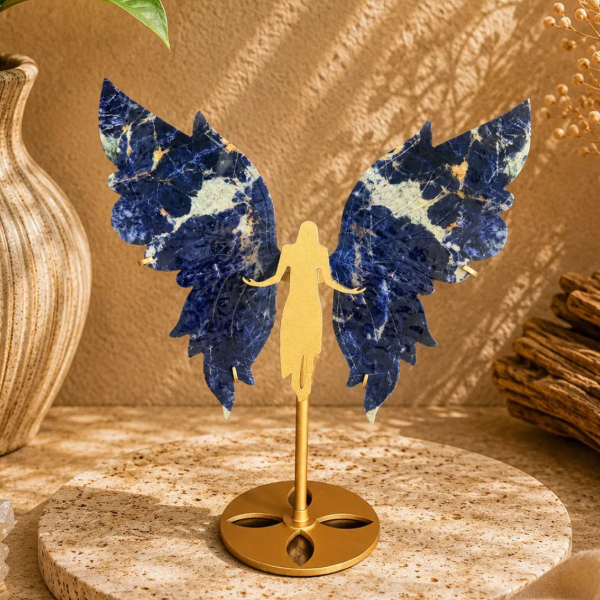 Sodalite Crystal Wings on Angel Stand