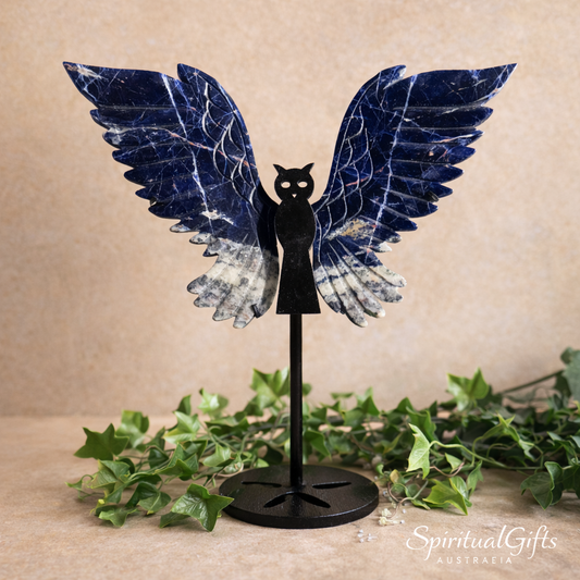 Sodalite Crystal Wings with Owl Stand – Wisdom, Intuition & Spiritual Healing