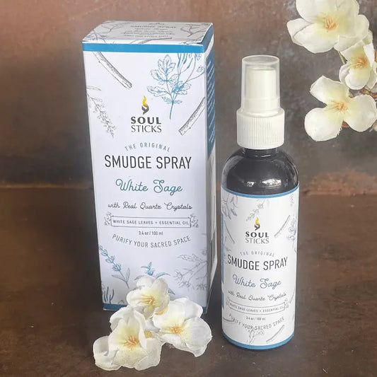 Soul Sticks White Sage Smudge Spray 100ml with quartz crystals for smoke-free energy cleansing and spiritual protection