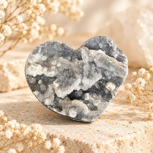702g Sphalerite Heart Specimen with dark grey and silver-toned crystal formation carved into a heart shape