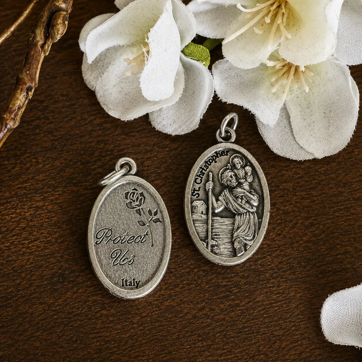 Polished metal St Christopher Religious Medal 22mm with Protect Us inscription