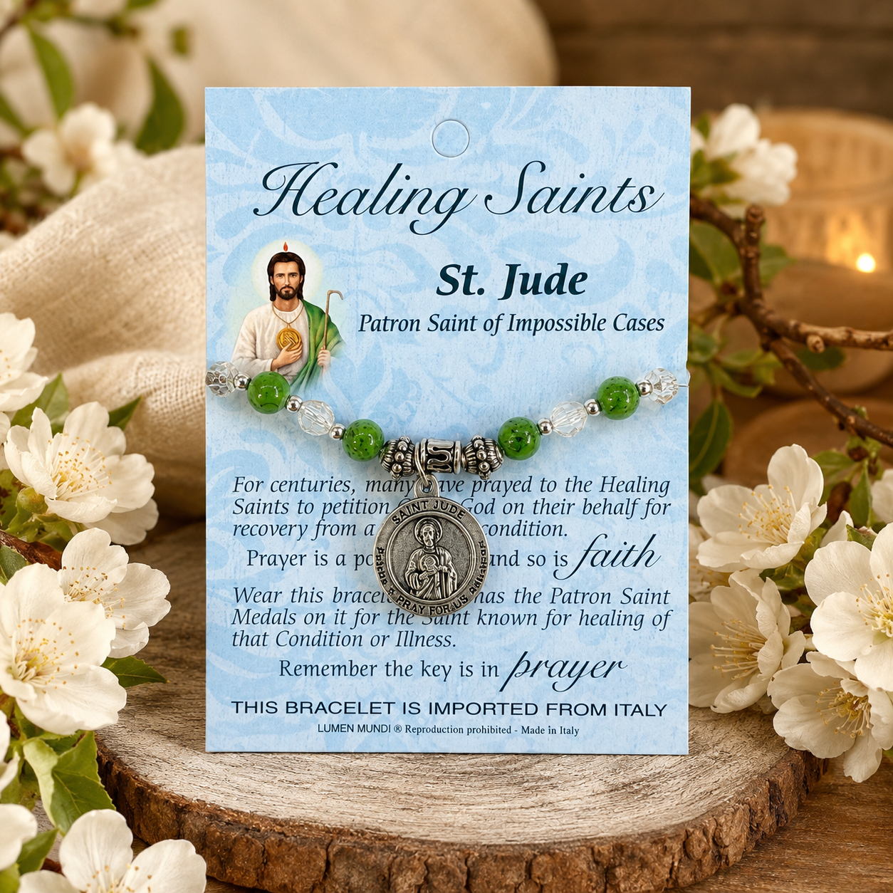 St. Jude Healing Saints Bracelet with green and clear acrylic crystal beads and St. Jude devotional medal
