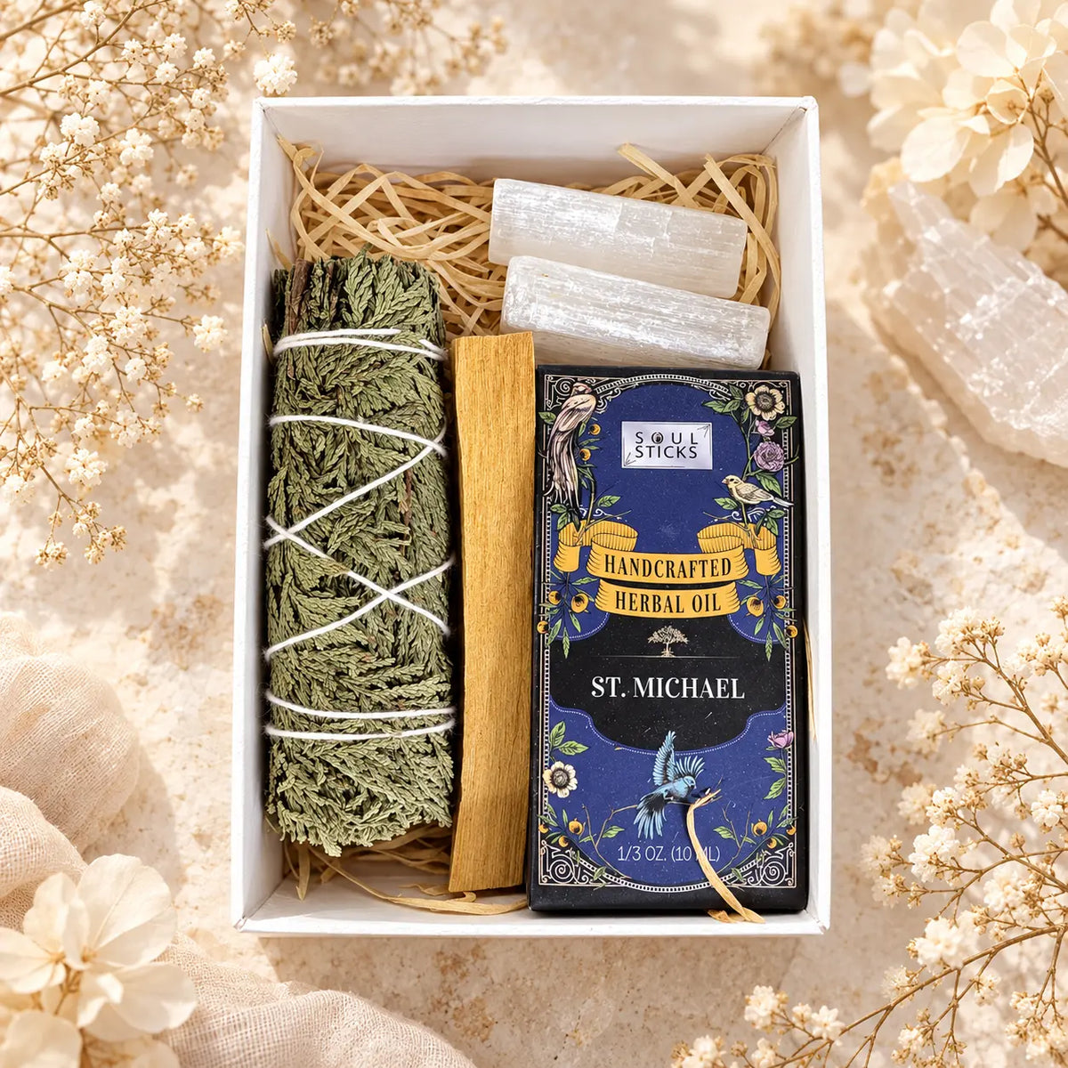 St Michael Intention Set spiritual protection gift box with Cedar Sage, Palo Santo, Selenite wand and 10ml St Michael herbal oil