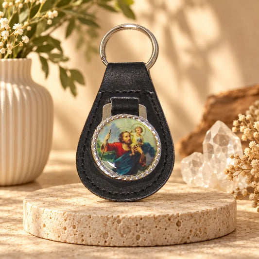 St Christopher leather keyring with full-colour devotional medal styled on stone riser with crystals and botanicals