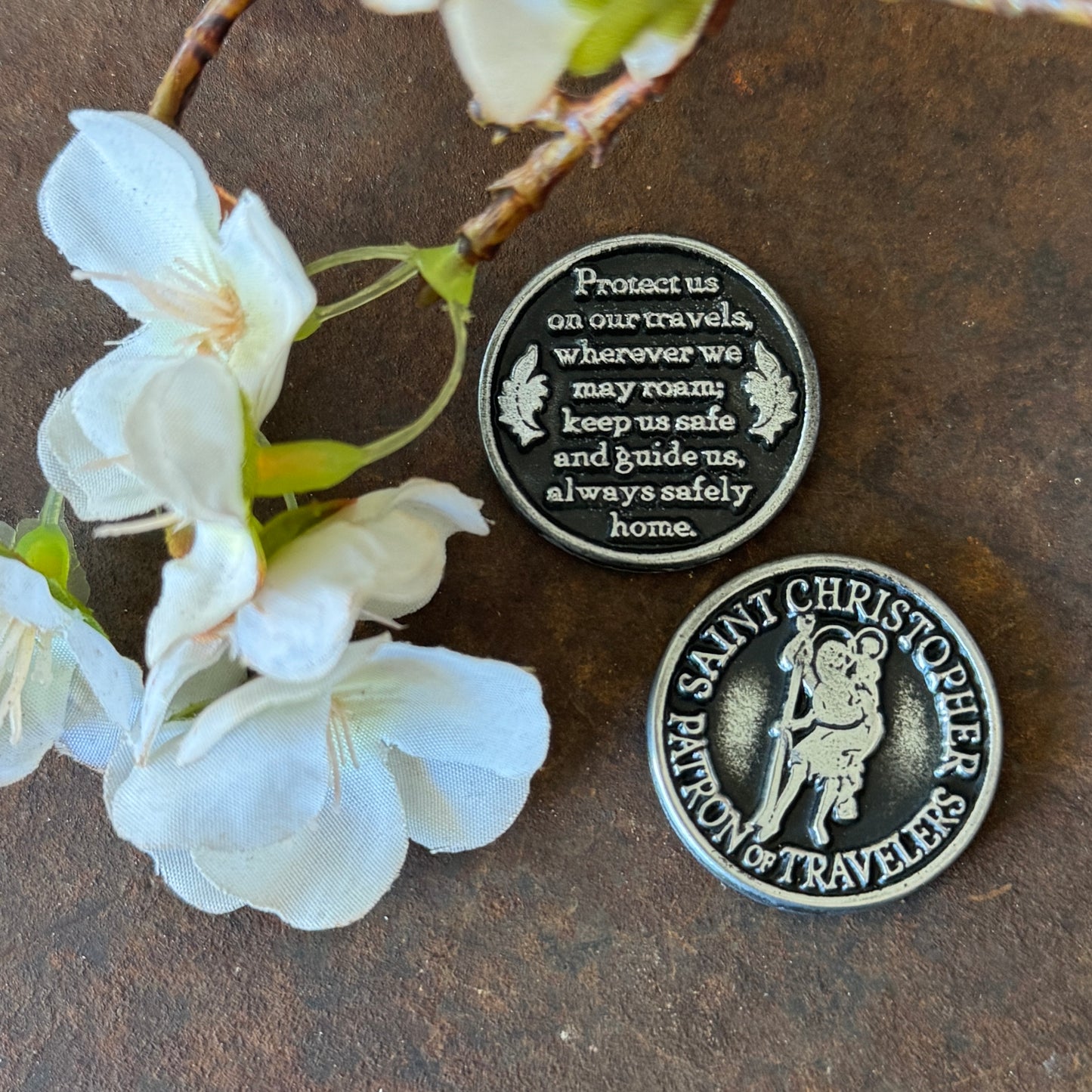 St Christopher Pocket Token Christian devotional keepsake for travellers with front and back design