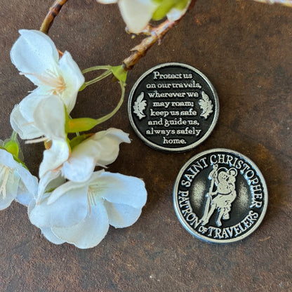 St Christopher Pocket Token Christian devotional keepsake for travellers with front and back design