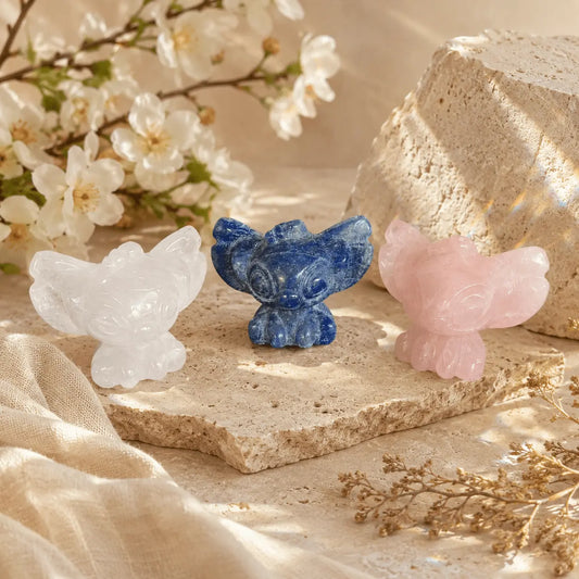 Stitch and Angel crystal carvings in Sodalite, Clear Quartz and Rose Quartz