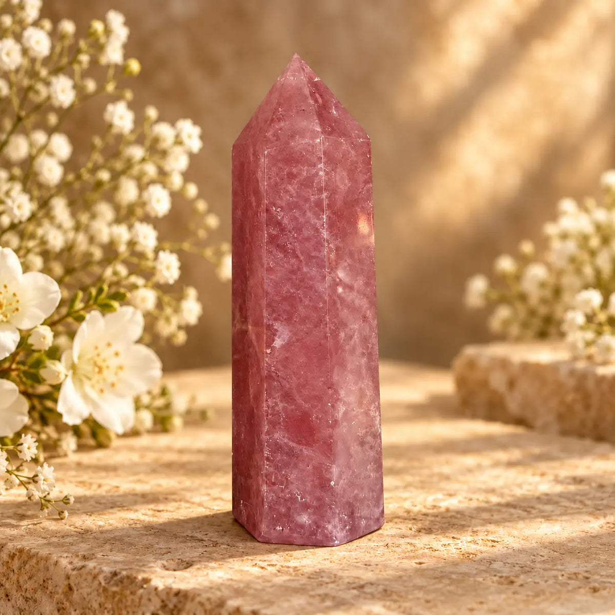 Strawberry Quartz crystal generator 367g with natural pink inclusions