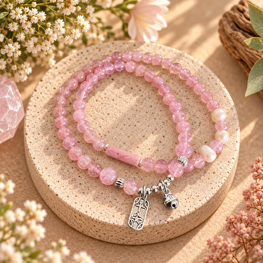 Pink Strawberry Quartz and Pearl double bracelet with silver Chinese lucky charm and bell