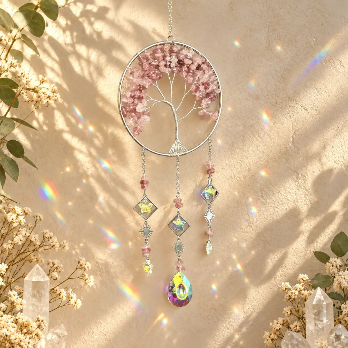 Strawberry Quartz Tree of Life crystal suncatcher with pink gemstones and tree design