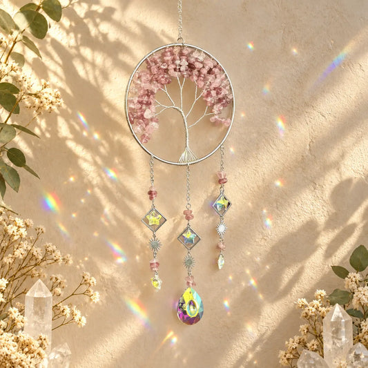 Strawberry Quartz Tree of Life crystal suncatcher with pink gemstones and tree design