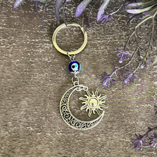 Sun & Moon with Evil Eye Keychain – Balance, Protection & Positive Energy