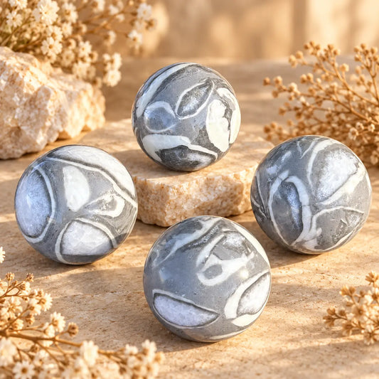 Thousand Eyes Jasper crystal sphere with distinctive circular eye-like natural patterning