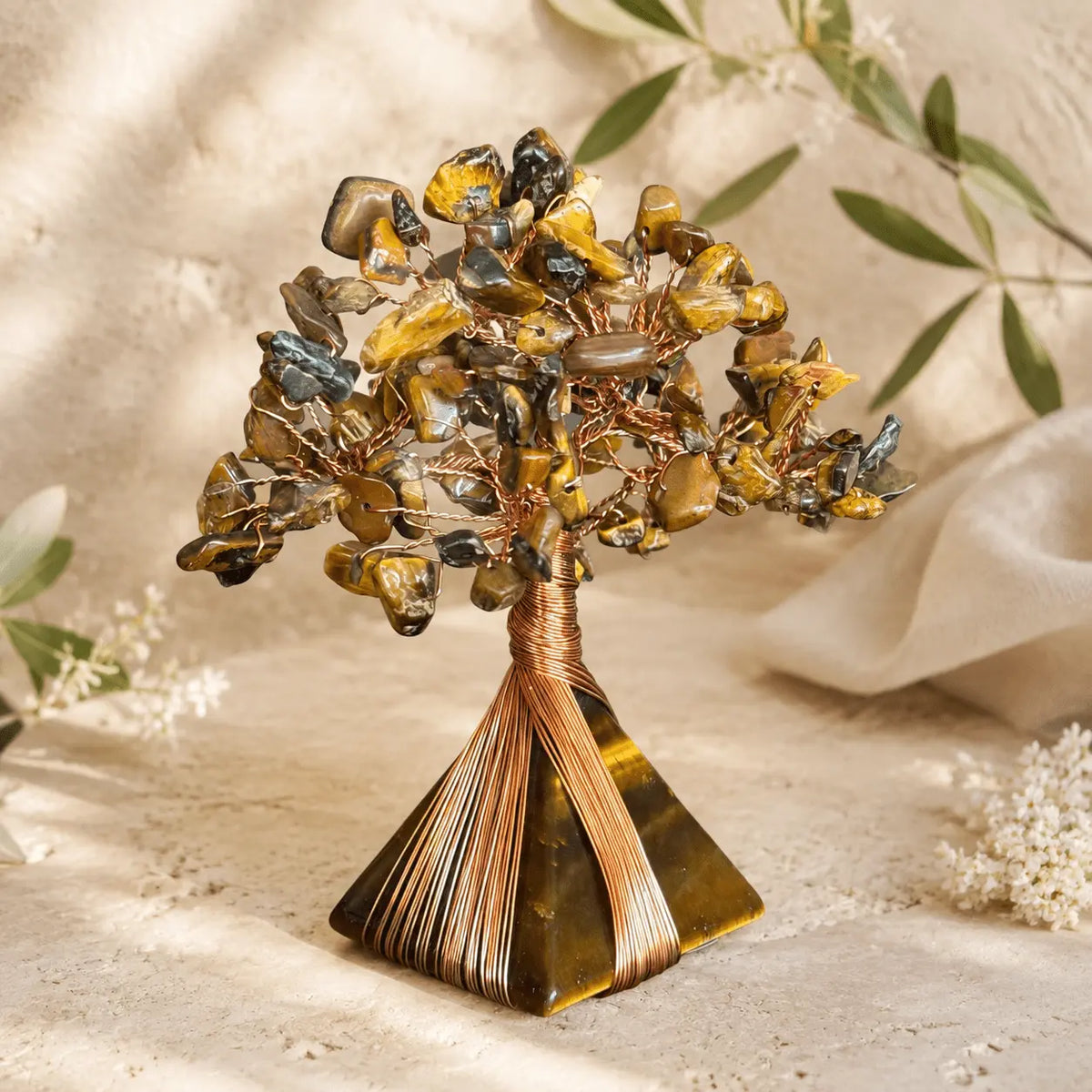 Tiger’s Eye Flowering Crystal Tree Pyramid with golden brown gemstone chips and copper wire branches
