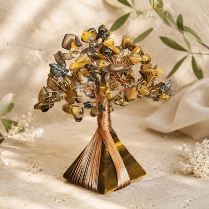 Tiger’s Eye Flowering Crystal Tree Pyramid with golden brown gemstone chips and copper wire branches