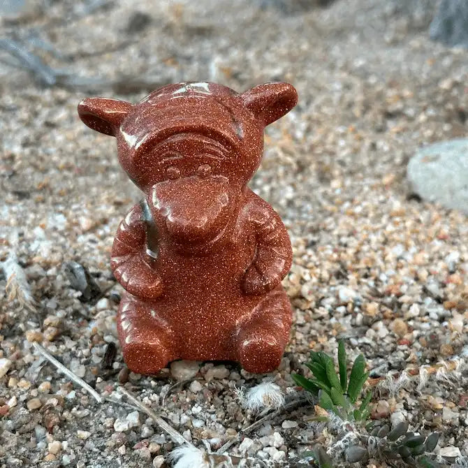 Goldstone Tigger crystal carving for motivation, confidence, ambition, energy, enthusiasm, and pop culture collectible décor.