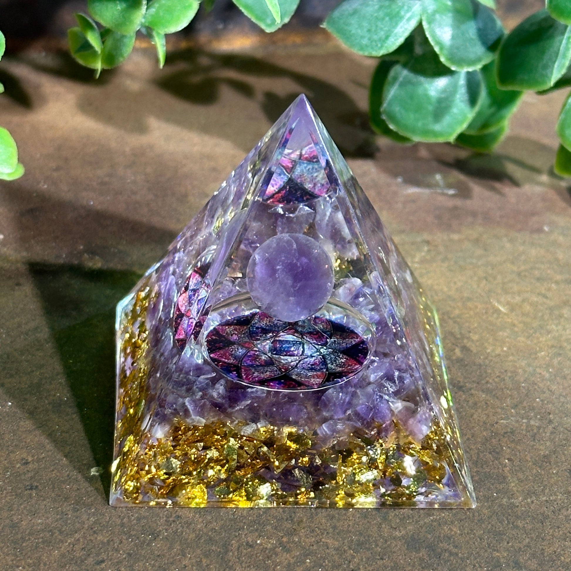 Amethyst orgonite pyramid for calm, emotional healing, energy balance, and spiritual protection