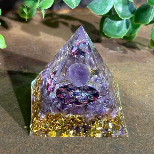 Amethyst orgonite pyramid for calm, emotional healing, energy balance, and spiritual protection