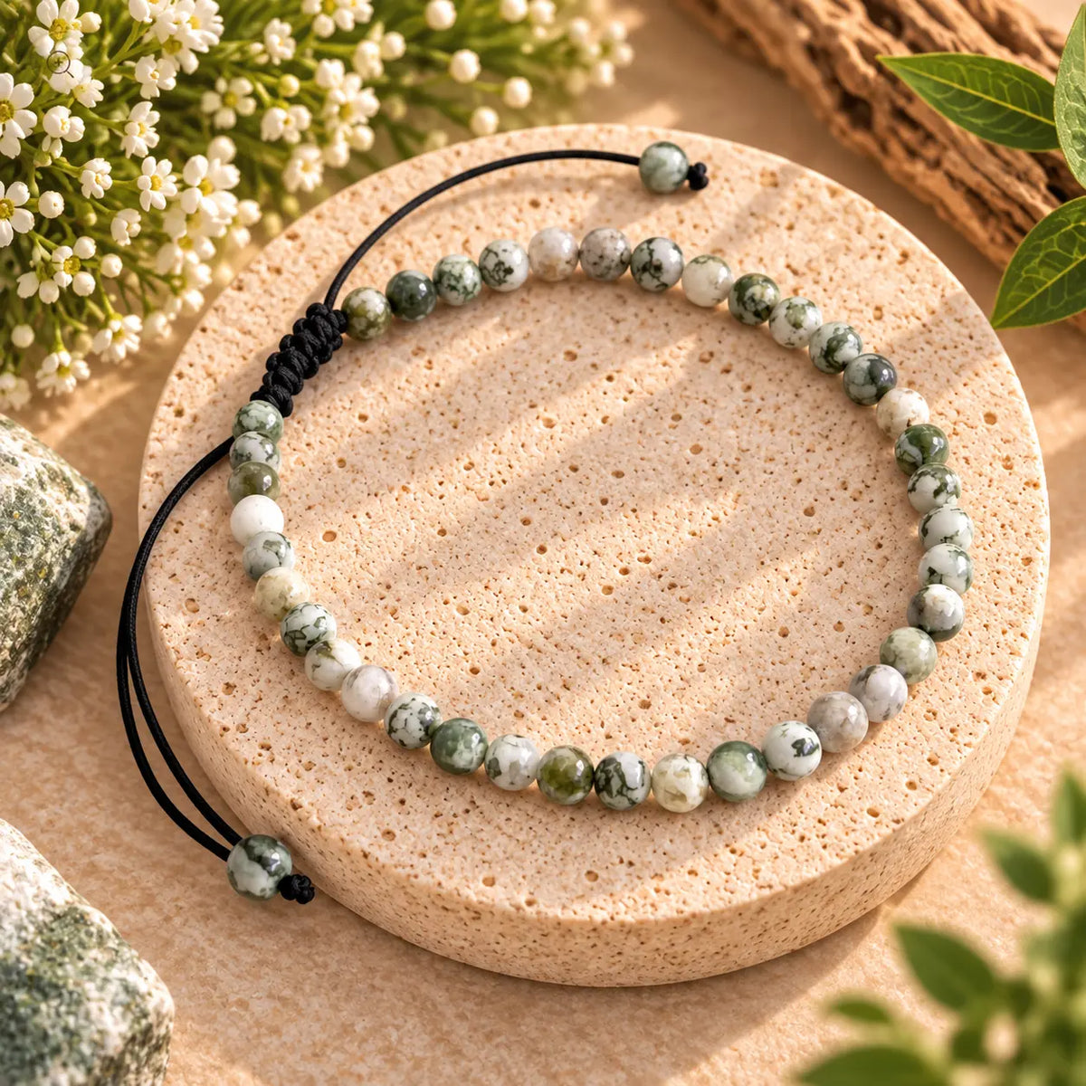 Tree Agate 4mm adjustable cord bracelet featuring natural green patterned gemstone beads