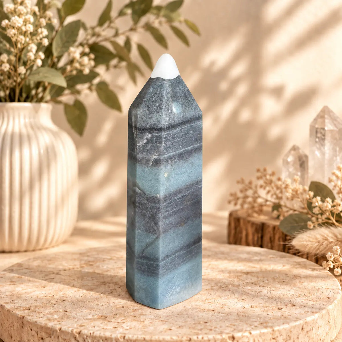 Trolleite crystal tower 361g, 13.6cm tall, exact photographed piece with protective tip cover.
