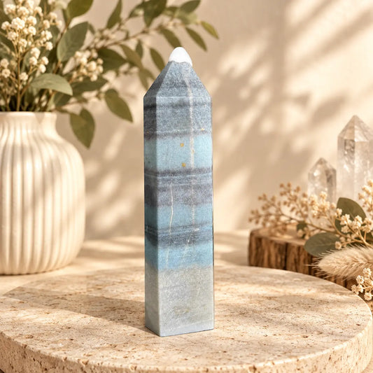 Trolleite crystal tower 464g, 16.5cm tall, exact photographed piece with protective tip cover.