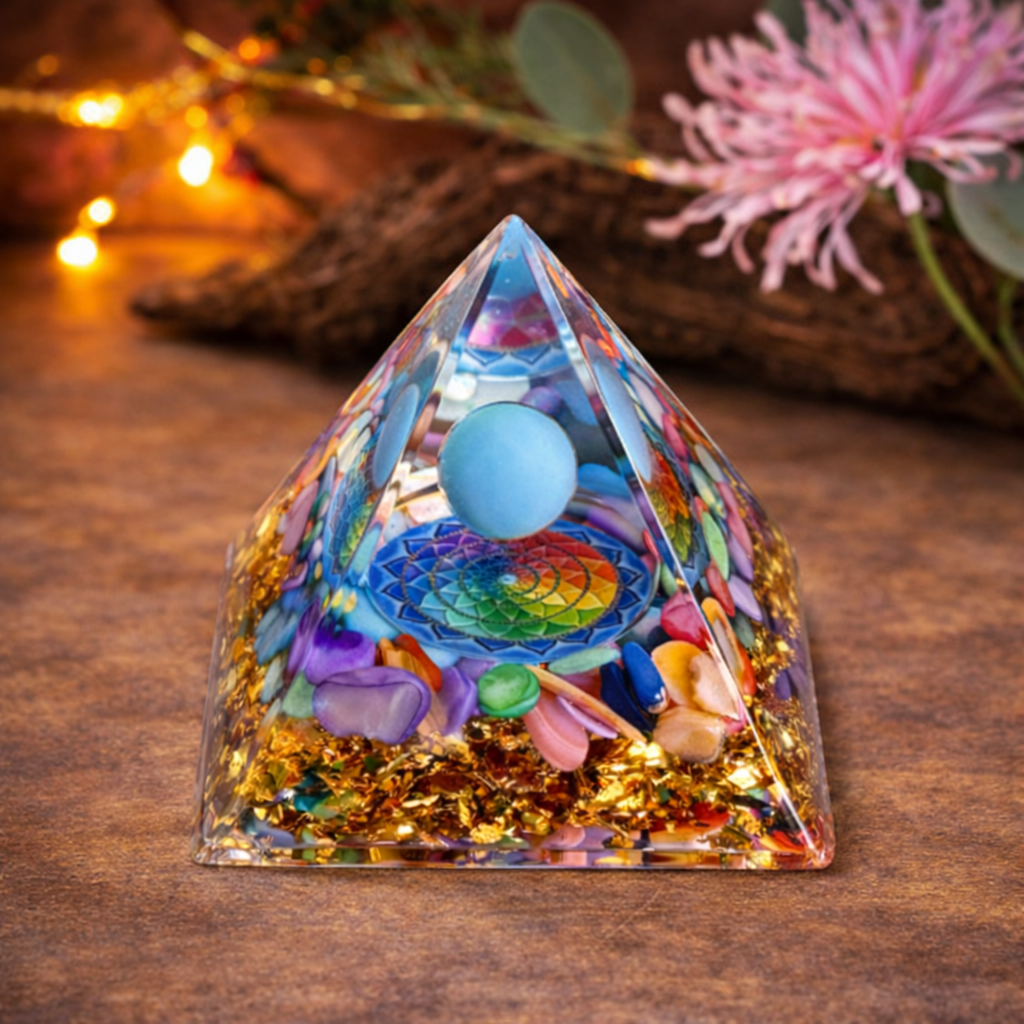 Turquoise and seashell Orgonite pyramid for spiritual protection, energy cleansing, calm, and emotional balance