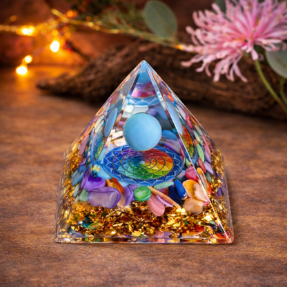 Turquoise and seashell Orgonite pyramid for spiritual protection, energy cleansing, calm, and emotional balance