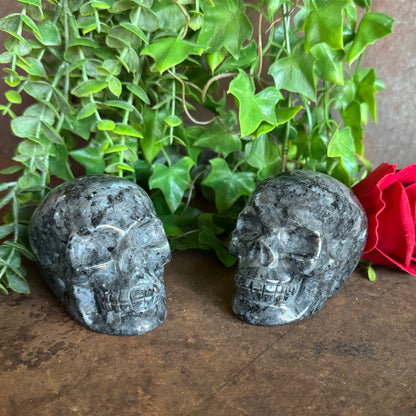 Two Lavakite Crystal Skull with blue green shimmer for protection, grounding, intuition, emotional healing and spiritual energy.