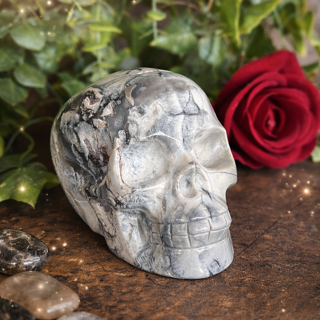 Volcanic Agate Skull Carving – UV Reactive Crystal Skull of Transformation, Protection & Spiritual Awakening