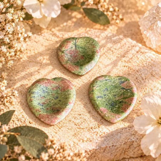 Unakite heart-shaped thumb stone approx. 4.5 × 3.5 cm