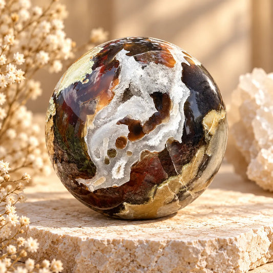 UV-reactive Volcanic Agate crystal sphere showing natural agate patterning