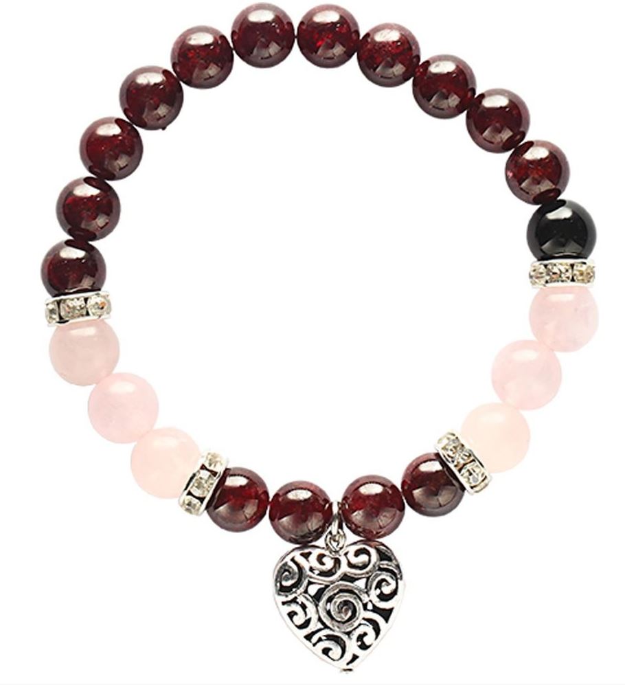 Garnet & Rose Quartz Spiritual Bracelet 8mm – Love, Courage & Healing Heart Charm
