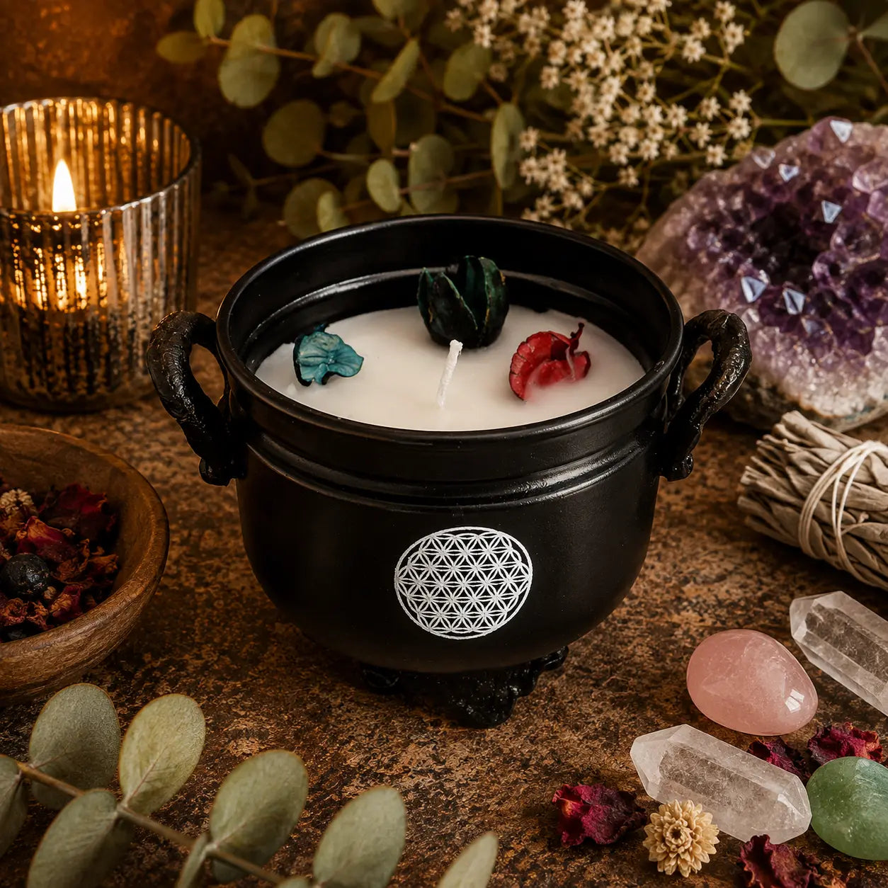 White Sage Flower of Life Cauldron Candle (326g) – Energy Cleansing