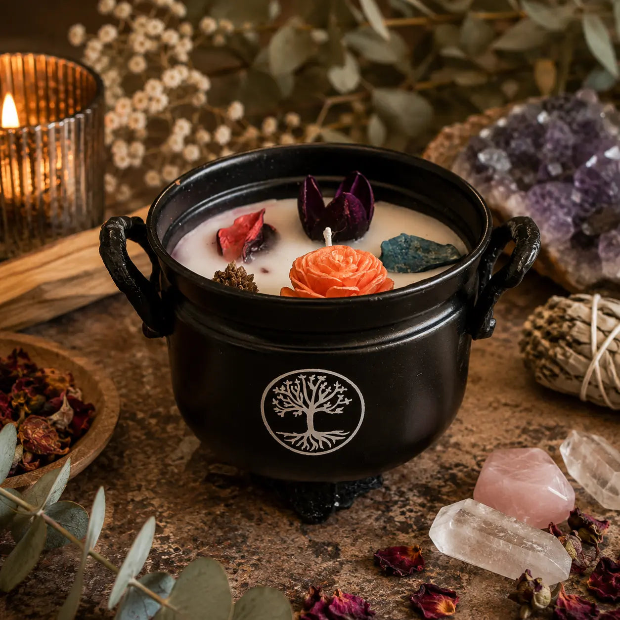 White Sage Tree of Life Cauldron Candle (326g) – Energy Cleansing