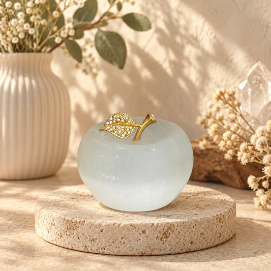 White Selenite crystal apple with diamante stem and leaf, approximately 6.5–7cm