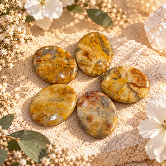 Yellow Crazy Agate thumbstone worry stone approx. 4.5 × 3.5 cm