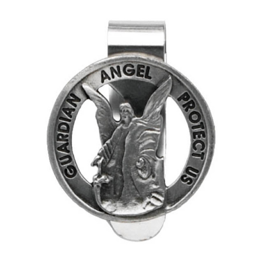 Round 35mm pewter Guardian Angel sun visor clip inscribed Guardian Angel Protect Us