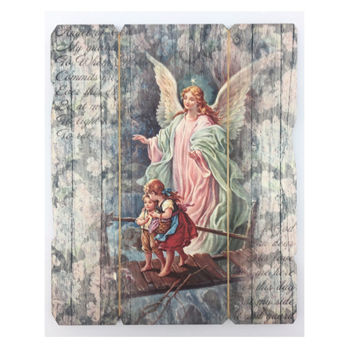 Vintage 190 × 235mm wooden Guardian Angel plaque showing an angel watching over two children crossing a bridge
