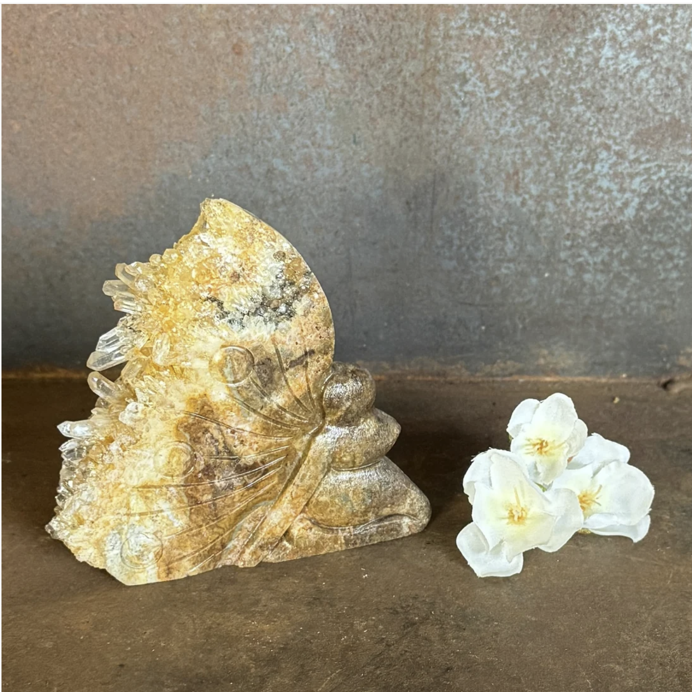 Citrine and Quartz Fairy Carving 199g – warm golden amber Citrine fairy carving approx 10.5cm tall with raw Clear Quartz crystal cluster points erupting from wing edges