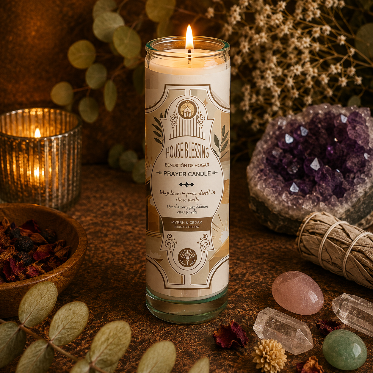 House Blessing Prayer Candle — Myrrh & Cedar, tall glass prayer candle with bilingual English and Spanish label, surrounded by crystals and botanicals