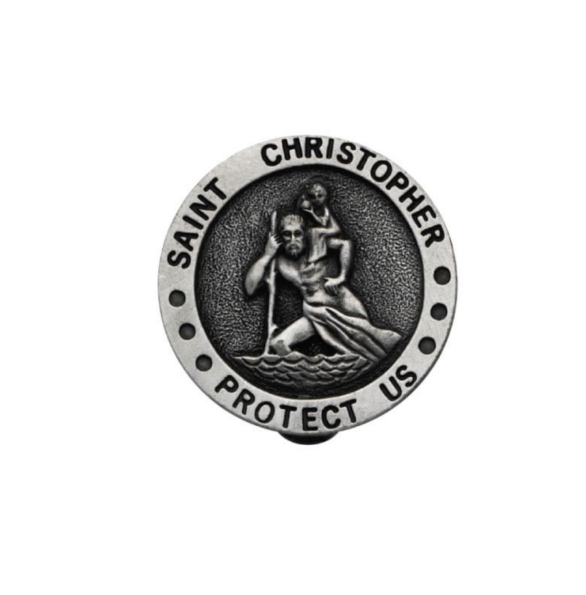 Round silver-tone St Christopher sun visor clip with Saint Christopher Protect Us inscription and relief medal