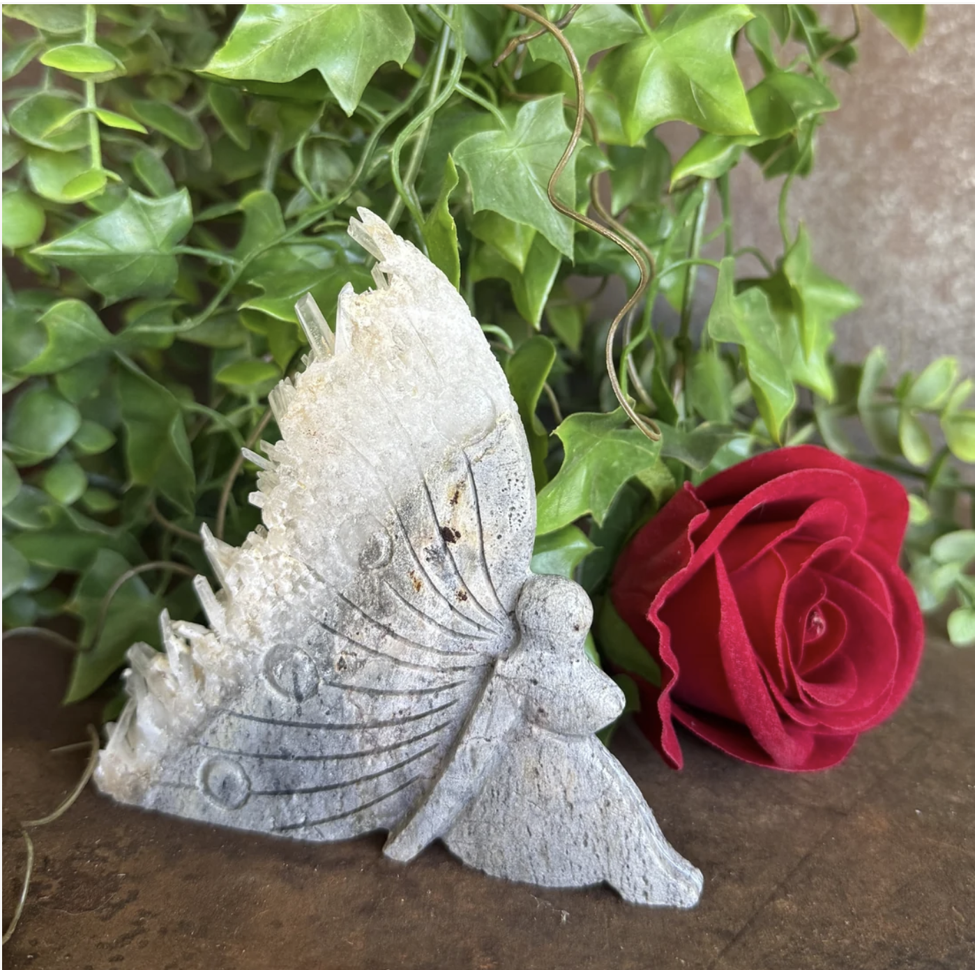 Quartz Fairy Geode Carving 142g – pale grey-white Quartz full fairy figure geode carving approx 11cm tall with dramatic tall raw white crystal point formation from upper wing edge