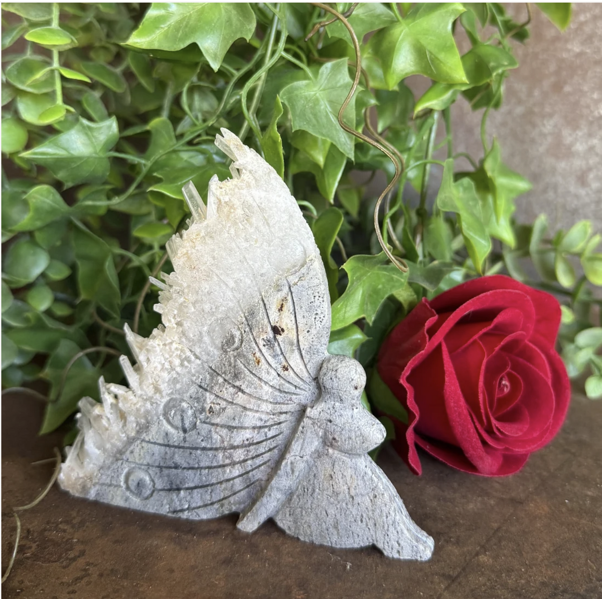 Quartz Fairy Geode Carving 142g – pale grey-white Quartz full fairy figure geode carving approx 11cm tall with dramatic tall raw white crystal point formation from upper wing edge