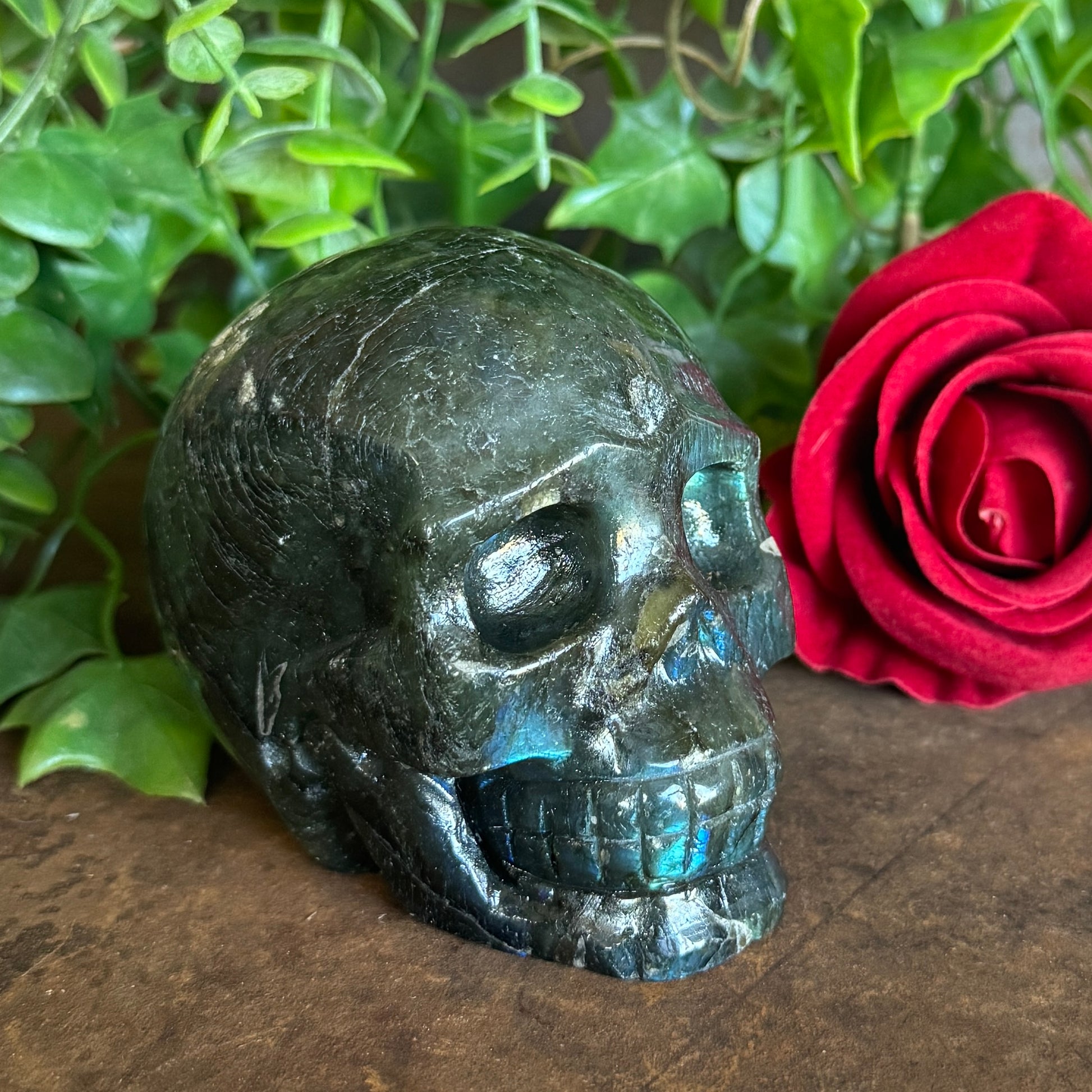 Hand-carved Labradorite Crystal Skull 574g with vivid blue, green and gold flash for spiritual protection, intuition, energy healing, and sacred décor