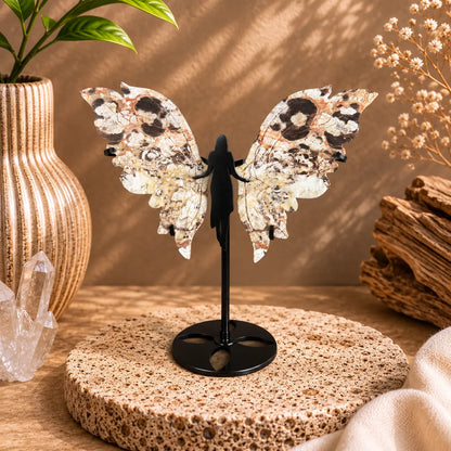 Small Money Agate crystal wings on black angel stand
