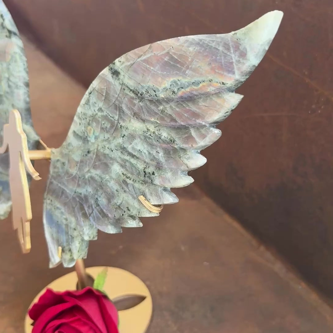 Extra Large Purple Labradorite Crystal Wings on Angel Stand for spiritual protection, intuition, energy balance and divine guidance. A rare crystal ornament and meaningful spiritual gift.