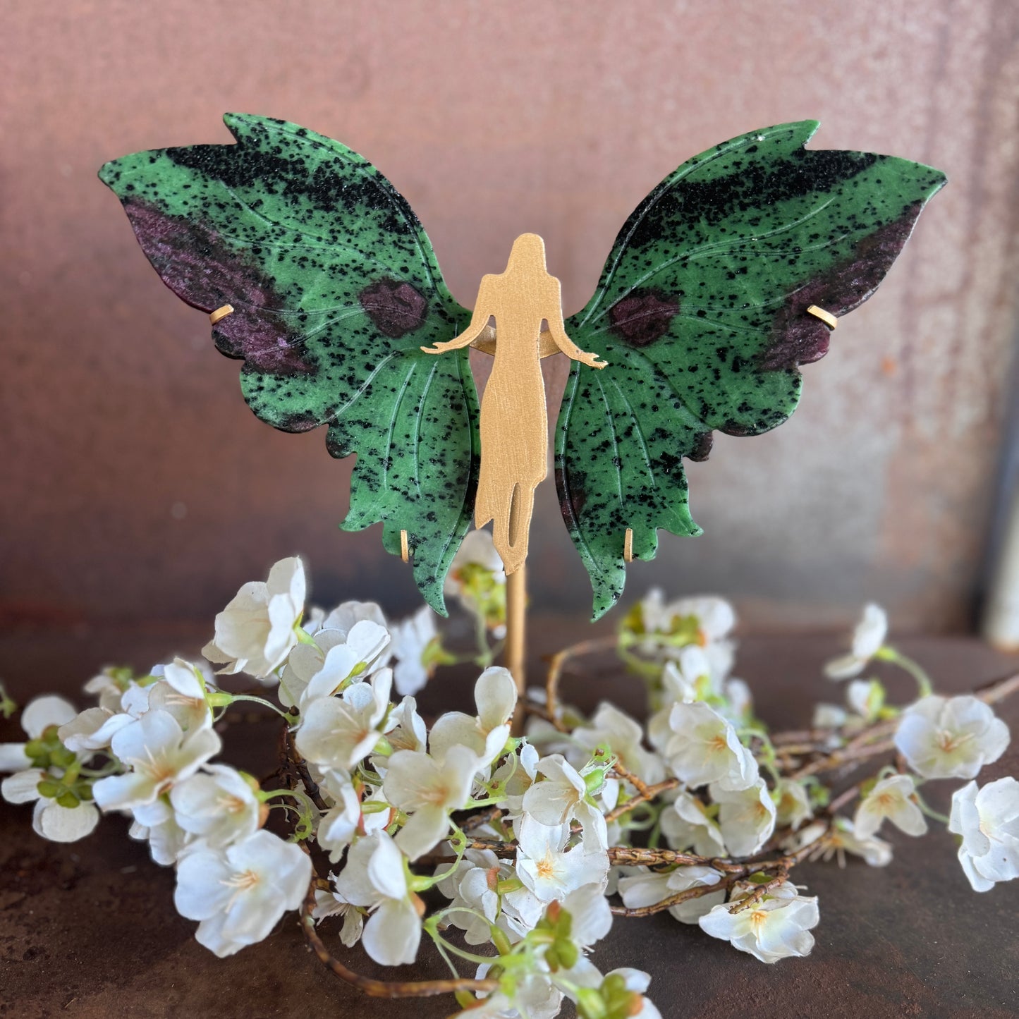 ruby in zoisite crystal wings on angel stand spiritual healing crystal wings for heart healing, vitality, love, protection, balance and divine guidance