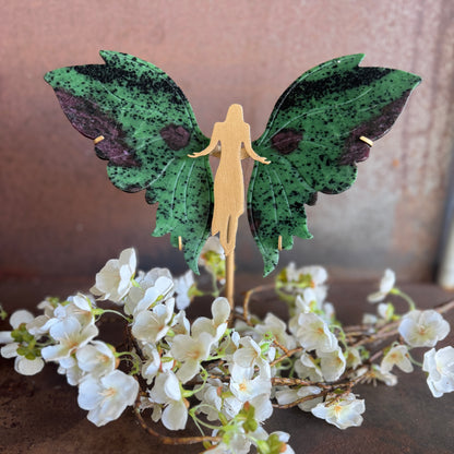 ruby in zoisite crystal wings on angel stand spiritual healing crystal wings for heart healing, vitality, love, protection, balance and divine guidance