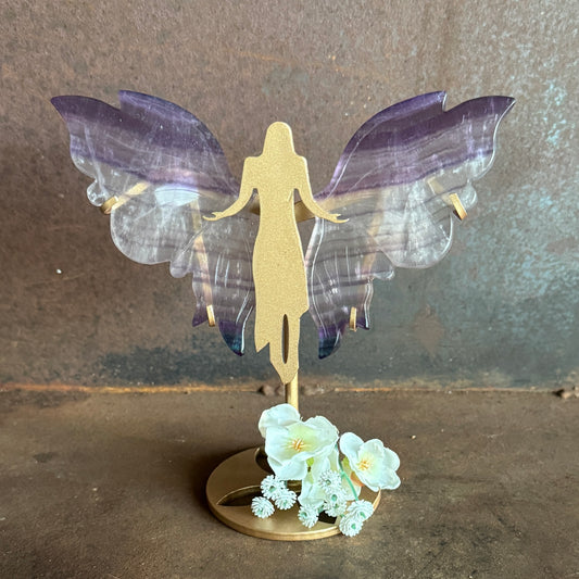 small fluorite crystal wings on angel stand spiritual crystal wings for clarity, focus, balance, intuition and energy cleansing